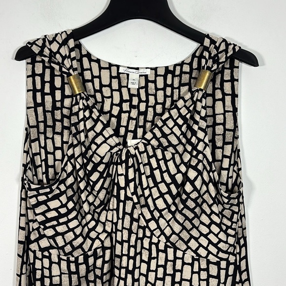 Kenneth Cole 3X Sleeveless Gathered Front Fitted Midi Dress Black Tan Print NWT - Picture 7 of 11